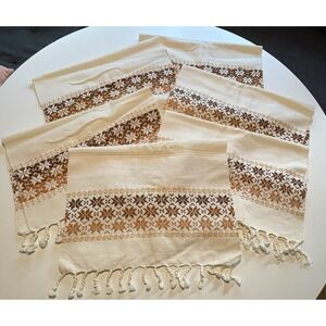 Set of 6 Vintage Woven Placemats – Reversible Brown & Tan with Fringe 22" x 14''